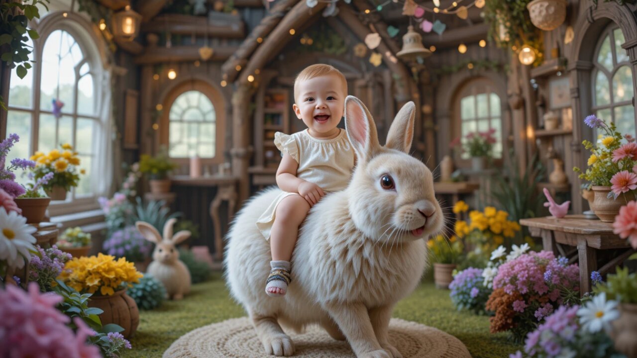 Baby Riding a Giant Bunny in a Flower Wonderland! 🐰🌸😄