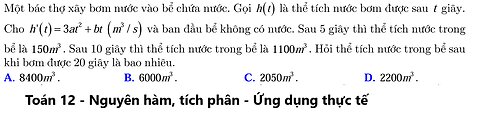 Một bác thợ xây bơm nước vào bể chứa nước. Gọi h(t) là thể tích nước bơm được sau t giây.