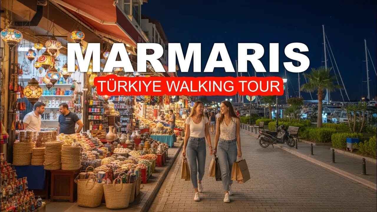 1 hour walking tour in Marmaris, Türkiye 4K 60 FPS. NIGHT STREETS, MARKETS AND BARS in October 2025