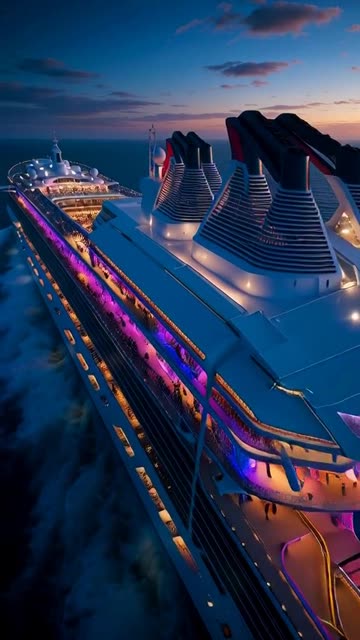A breathtaking cinematic aerial view of a massive futuristic luxury cruise ship
