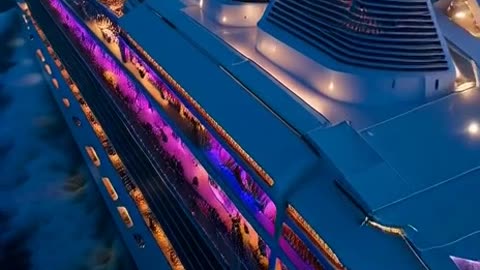 A breathtaking cinematic aerial view of a massive futuristic luxury cruise ship