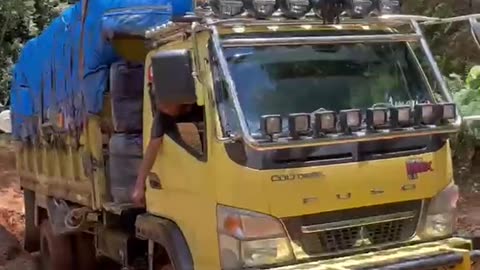 The truck goes through a steep extreme road