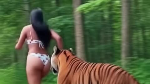 Beautiful girl playing with tiger