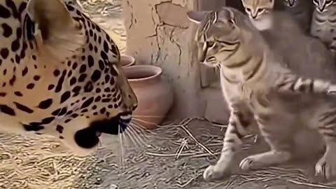 Mother cat protects its kitten from leopard