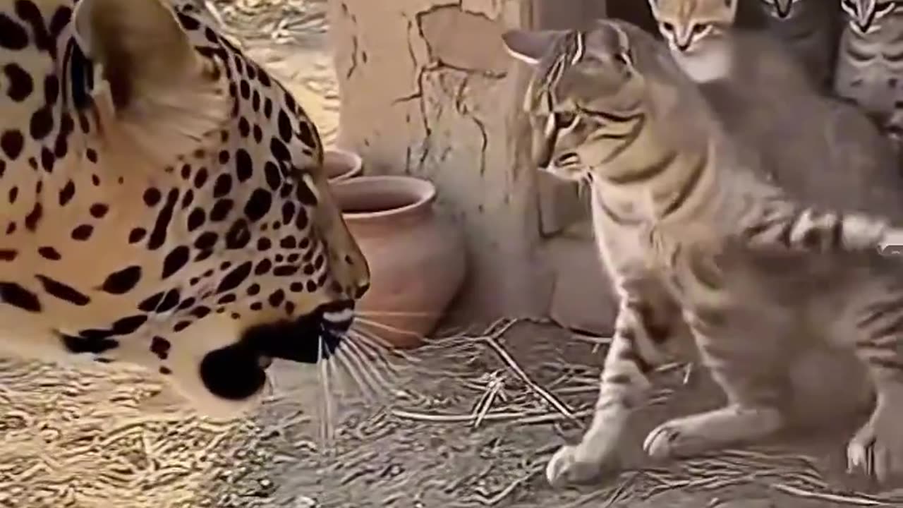 Mother cat protects its kitten from leopard