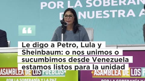 Delcy Rodríguez dice que los aliados principales del régimen narcoterrorista de Nicolás Maduro son @petrogustavo, @LulaOficial y @Claudiashein y les solicita más unión y apoyo.