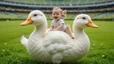 Joyful Ride: Baby, Cat, and a Giant Duck! 🦆❤️