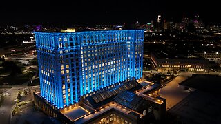 Michigan Central Lit Up in Blue Wednesday Night in Detroit