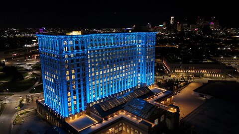 Michigan Central Lit Up in Blue Wednesday Night in Detroit