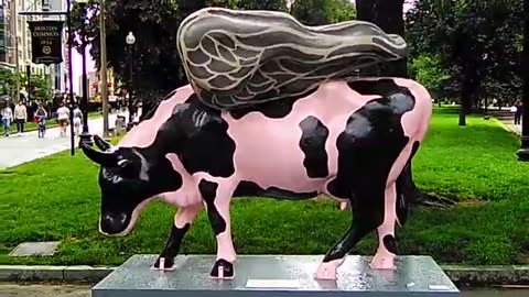 "When Pigs Fly" Pink Sacred Cow Statue in Boston Common Park