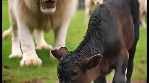 Black cow vs white lion fight for baby