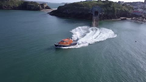 Tenby Lifeboat Launch by Drone 4K