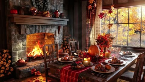 Cozy Thanksgiving Kitchen Ambience with Smooth Jazz Music & Fireplace Sounds