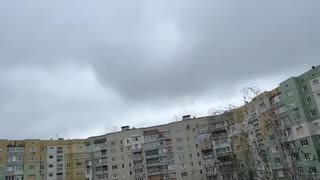 Aerial duel between a BM-35 attack UAV and an interceptor drone taking place over Sumy.