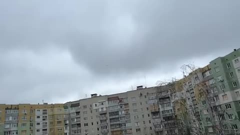 Aerial duel between a BM-35 attack UAV and an interceptor drone taking place over Sumy.