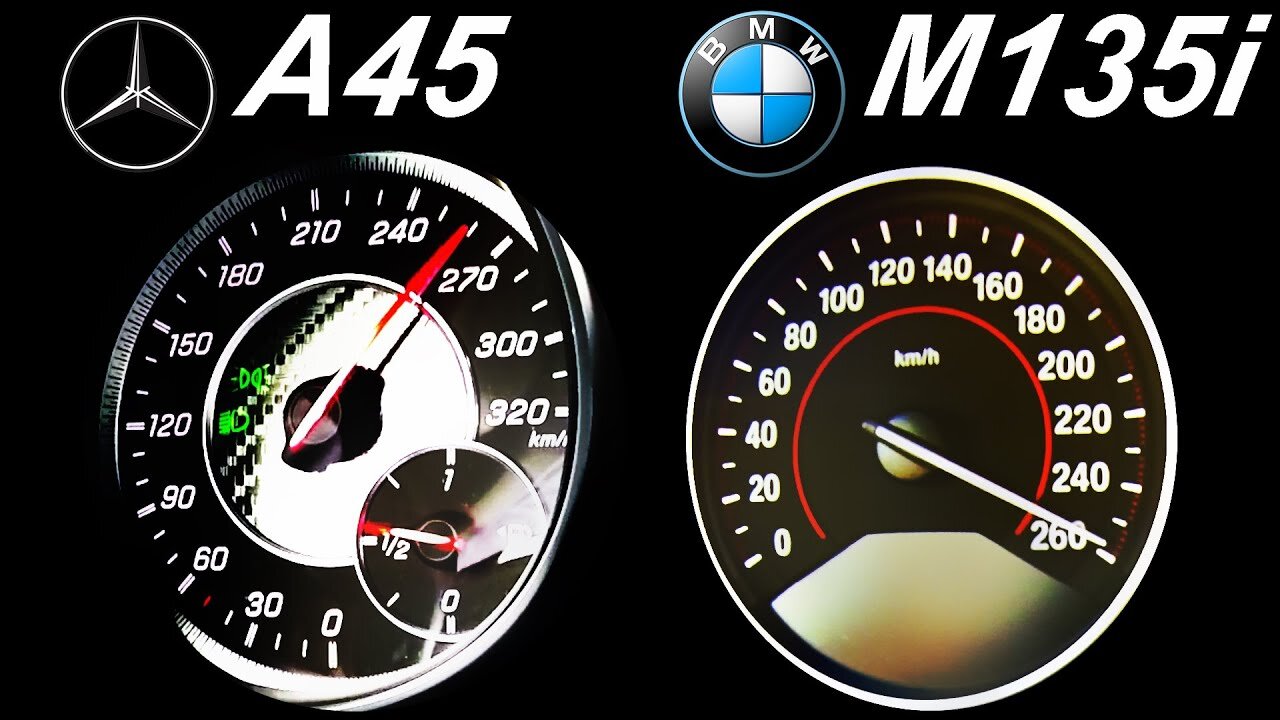 MERCEDES A45 AMG vs BMW M135i Acceleration 0-250 Autobahn top Speed onboard Sound 1er A Klasse