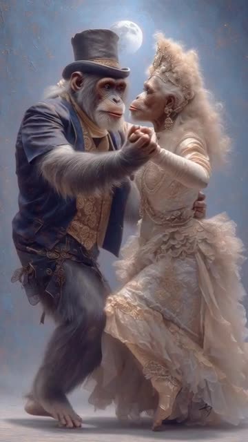 A chimpanzee couple ballroom dancing gracefully under the soft,