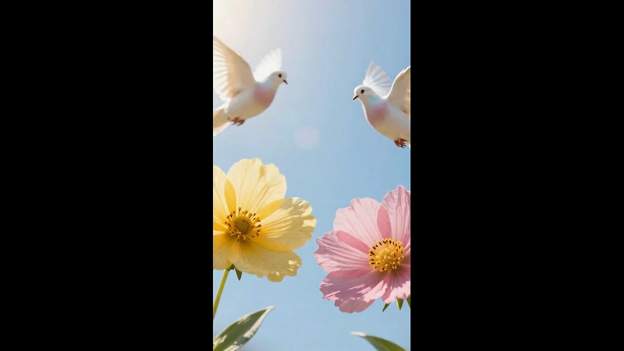 enjoy doves flying over with flowers blooming