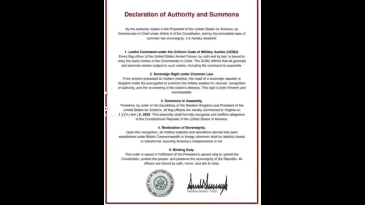 Declaration Summons of Authority Donald J. Trump Commander and chief of the World wide