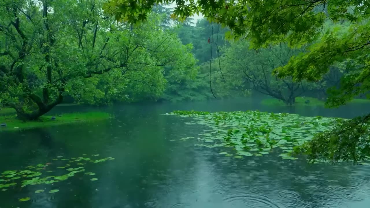 The beautiful little lake is raining