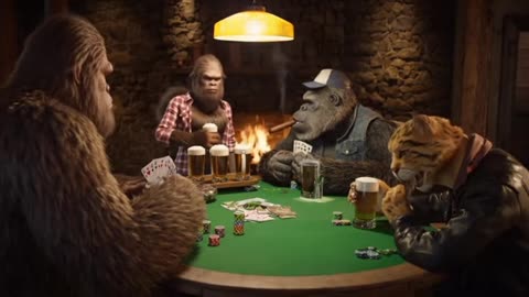 Bigfoot playing poker with the guys