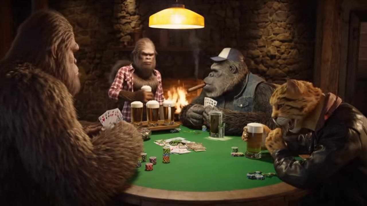 Bigfoot playing poker with the guys
