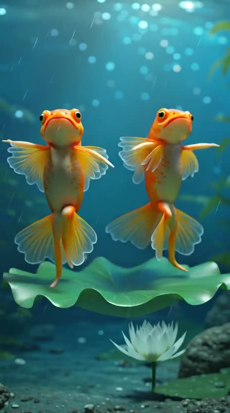 A cinematic, artistic video of a fish couple dancing joyfully on a large green lotus leaf floating