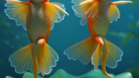 A cinematic, artistic video of a fish couple dancing joyfully on a large green lotus leaf floating