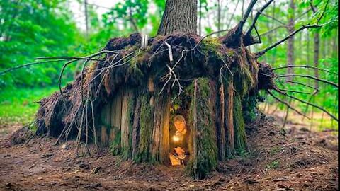Building a cozy shelter under an oak root. Survival, the art of survival in the wilderness.