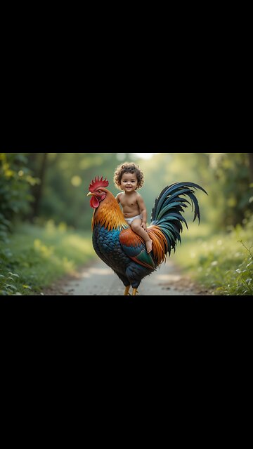 Cutest Duo: Baby Rides a Colorful Rooster! 🐔🌈❤️