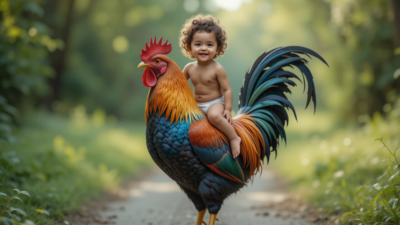 Cutest Duo: Baby Rides a Colorful Rooster! 🐔🌈❤️