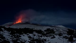 Lava meets snow in spectacular night eruption of Mount Etna