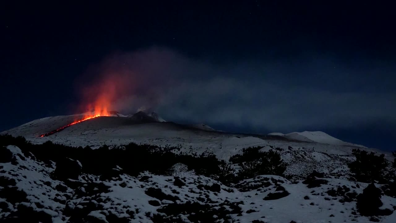 Lava meets snow in spectacular night eruption of Mount Etna