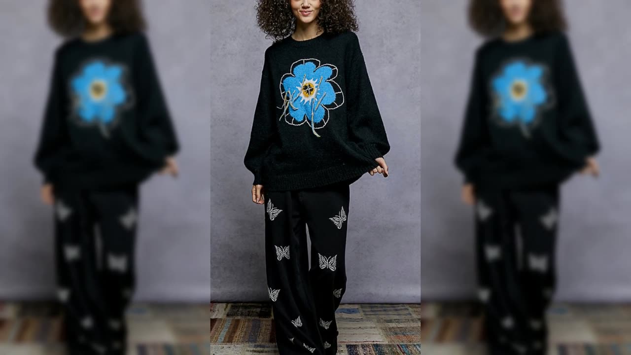 POL Floral Pattern Round Neck Sweater with Exposed Stitching