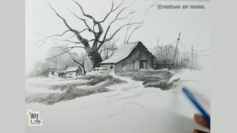 How to draw a village scenery art with pencil // PAINTLANE