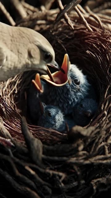 Mother bird feeding them