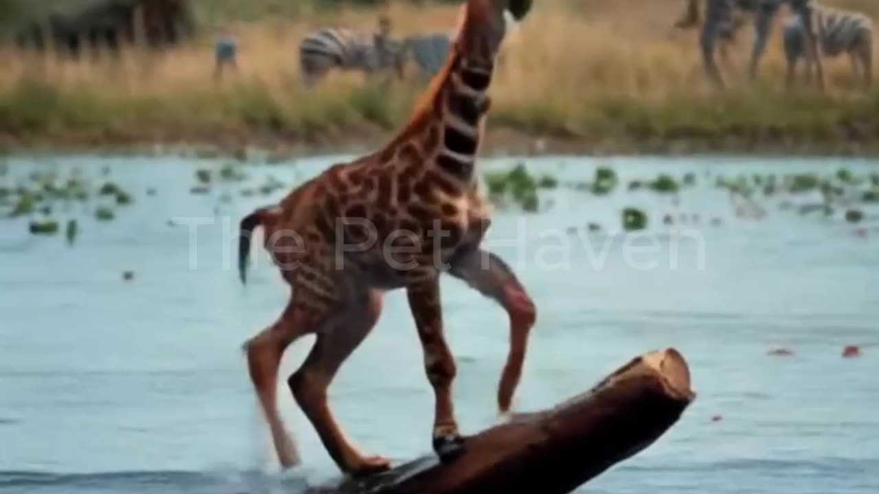 Curious Baby Giraffe Plays with Floating Log in the Water