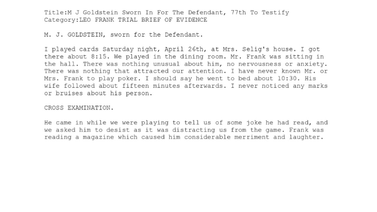 M J GOLDSTEIN, Sworn In For The Defendant, 77th To Testify