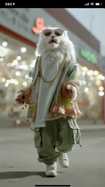 pure white female cat dancing hip hop in Korean streetwear cat