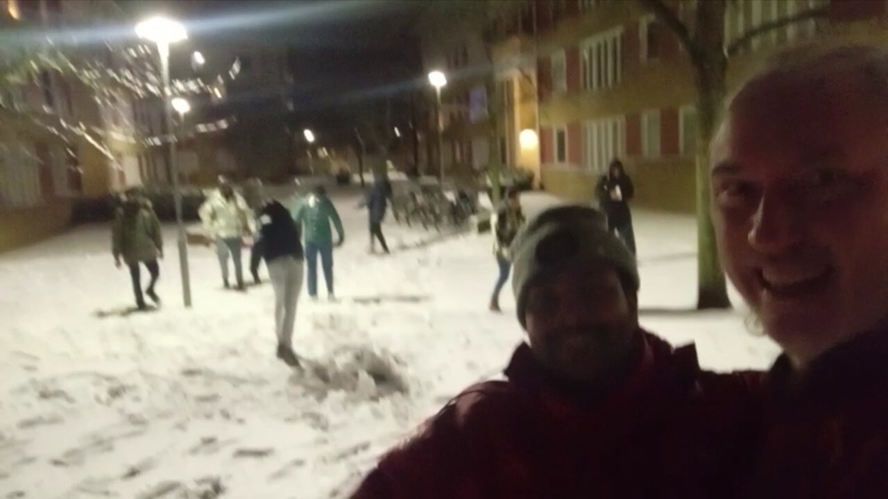 New year in Ryd, Linköping, Sweden. Indian snow-fight. Fireworks