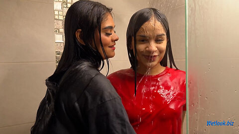 Wetlook Shower Duo | Red & Black Outfits Get Soaked Together