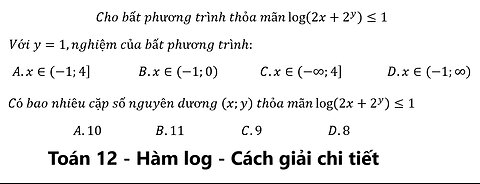 Toán 12: Cho bất phương trình thỏa mãn log⁡(2x+2^y )≤1, bao nhiêu cặp số nguyên dương