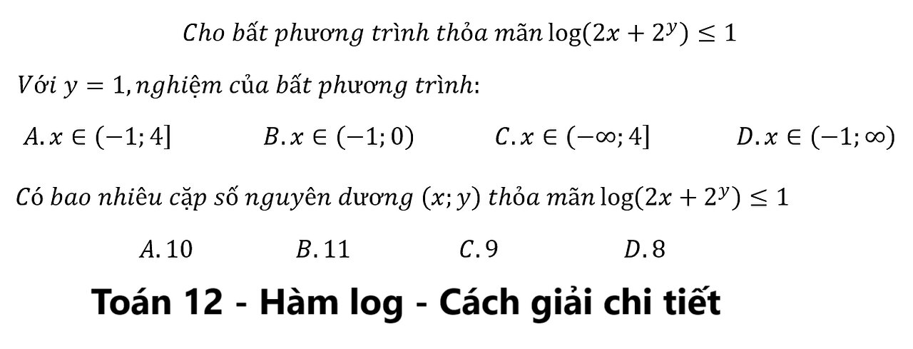 Toán 12: Cho bất phương trình thỏa mãn log⁡(2x+2^y )≤1, bao nhiêu cặp số nguyên dương