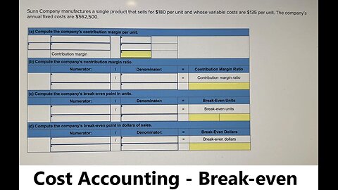 Cost Accounting: Sunn Company manufactures a single product that sells for $180 per unit and whose