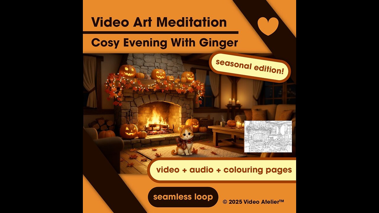 Video Art Meditation Relaxation Colouring Pages "Cosy Evening With Ginger" Fireplace 4K Halloween