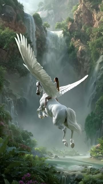 Horses are fly and a girl sitting on the back of white flying horse