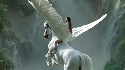 Horses are fly and a girl sitting on the back of white flying horse