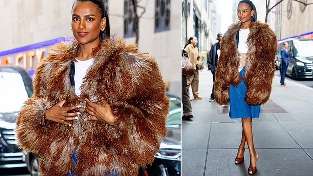 Simone Ashley Turns Heads in NYC with Brown Faux-Fur & Denim