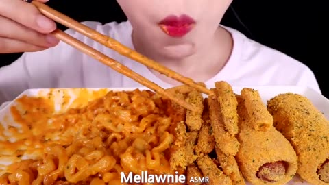 ASMR CHEESY CARBO FIRE NOODLES , CORN DOGS ,FRIES | EATING SOUND