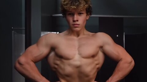 16 years old aesthetic teen bodybuilder flexing muscles
